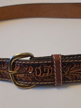 Vintage Hand-tooled Top Grain Leather Brown Belt with Brass Buckle Size 46